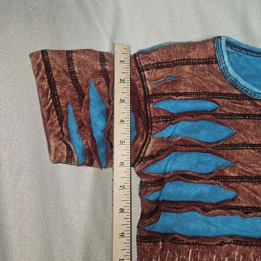 Womens XS Distresed Short Sleeve Top Brown Blue Grunge Boho Hippie 100% Cotton - Picture 4 of 7